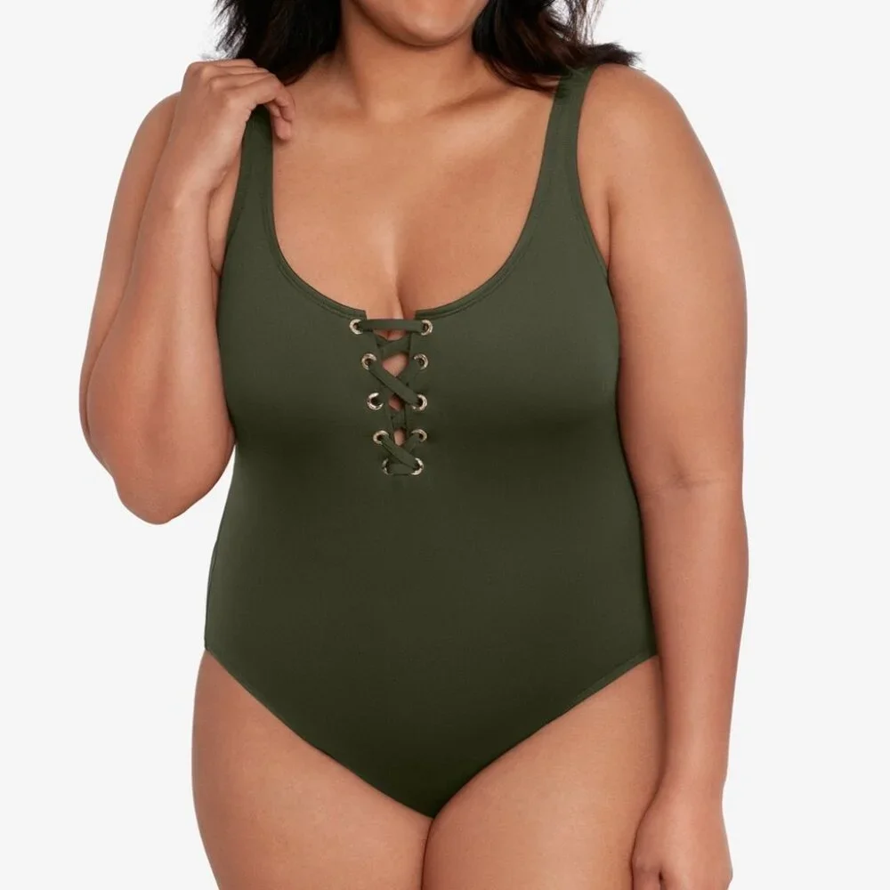 Lauren Ralph Lauren Plus Lace-up One-Piece Swimsuit - Picture 1 of 9